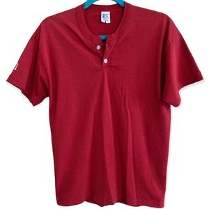 Vintage Y2K Mens Red Tee Shirt Size Medium Russell Athletic Button Short Sleeve